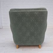 1960s, Danish armchair, light green furniture wool, oak wood legs.