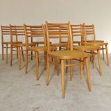 Set of 10 Bystrice tone wooden and caned chairs from the 1960s.