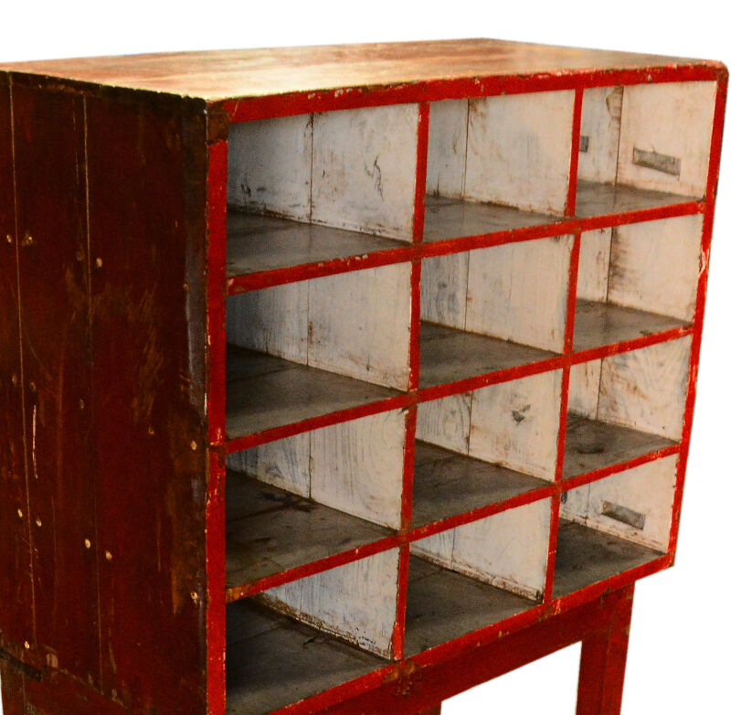 Red shelf 12 boxes old postal locker teak wood piece and original patina 77x41x138cm