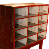 Red shelf 12 boxes old postal locker teak wood piece and original patina 77x41x138cm