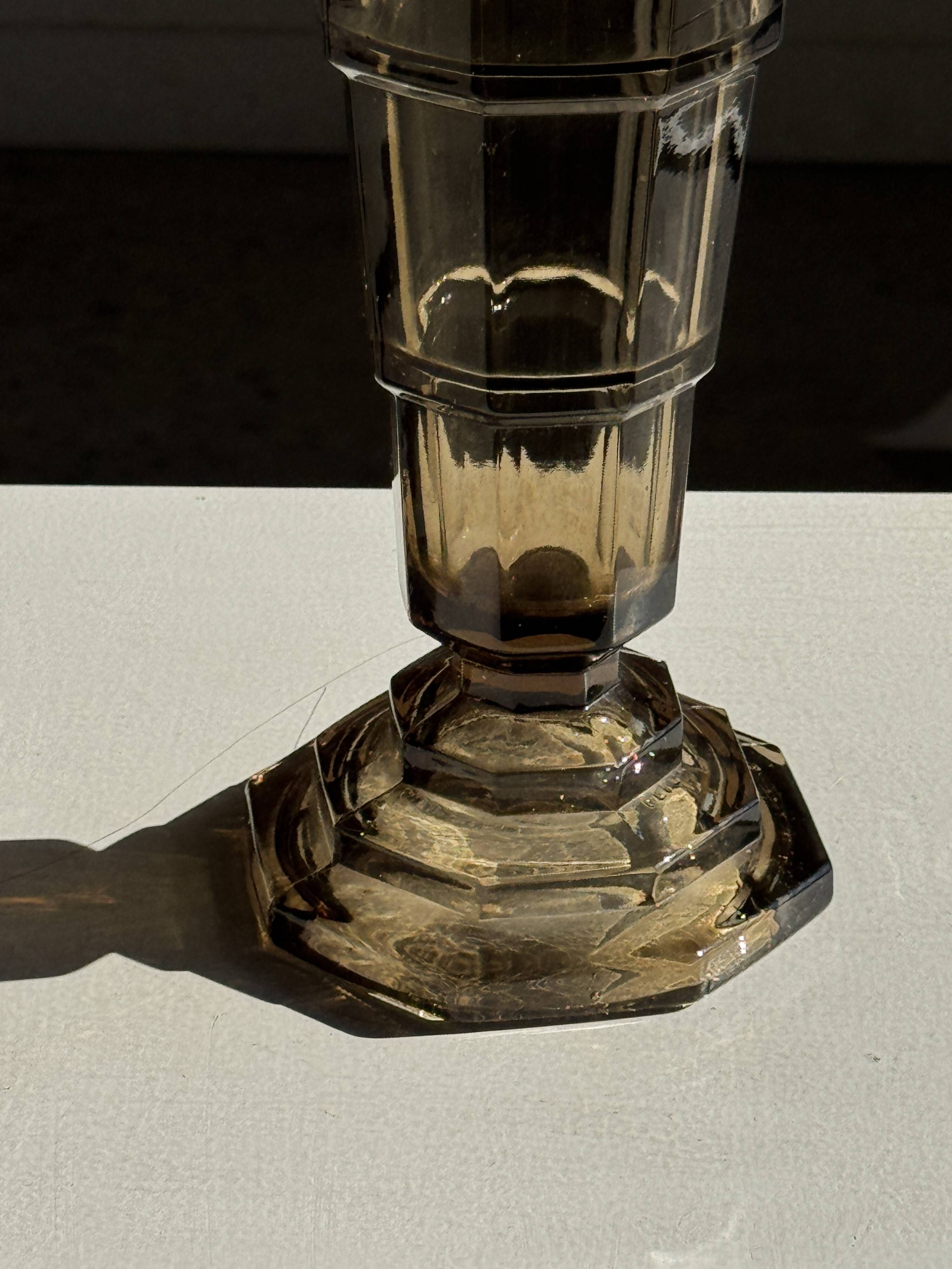 Flared Art Deco vase in smoked moulded glass with steps H30 W13.5