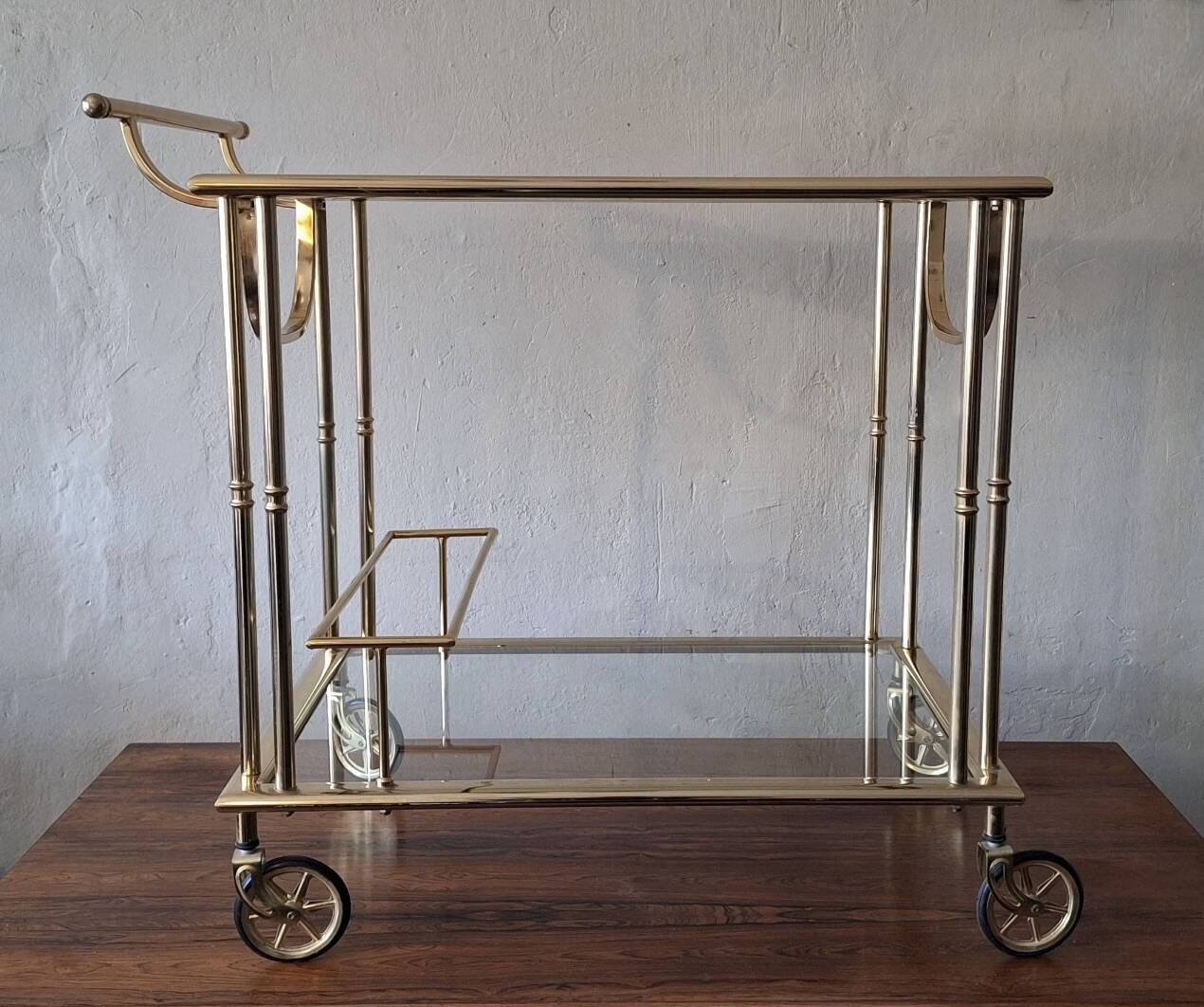 Hollywood Regency gilt brass bar cart drinks trolley, 1970s