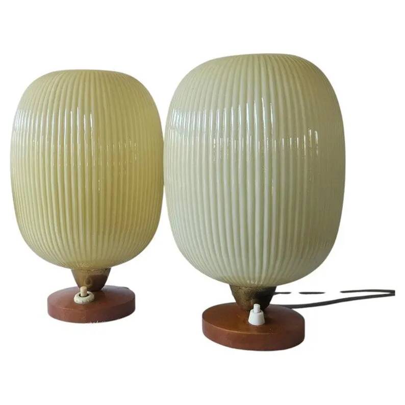 Rare Pair of Table Lamps, Glass and Wood, 1960s