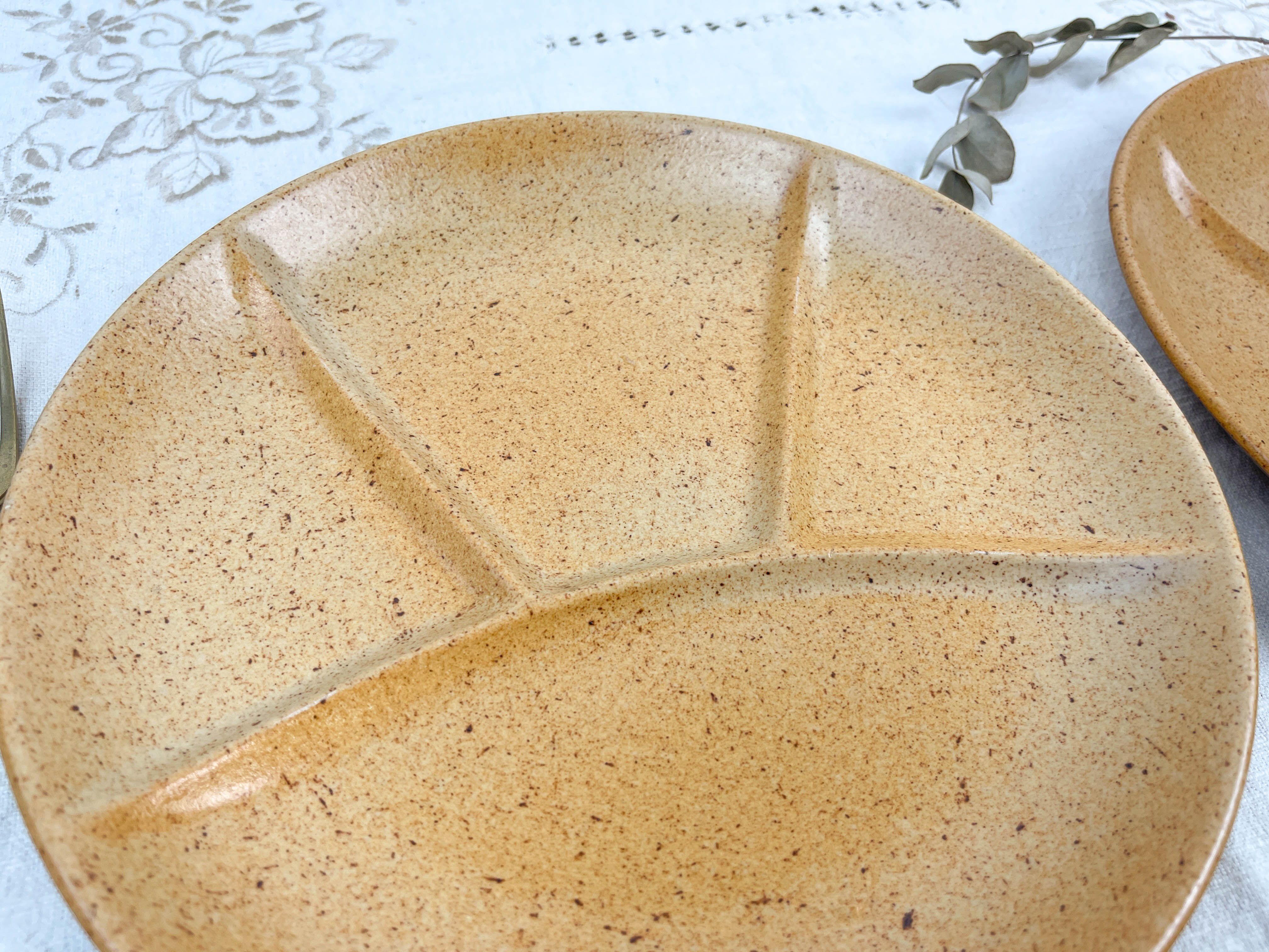 2 amber ceramic fondue plates made in france 1970