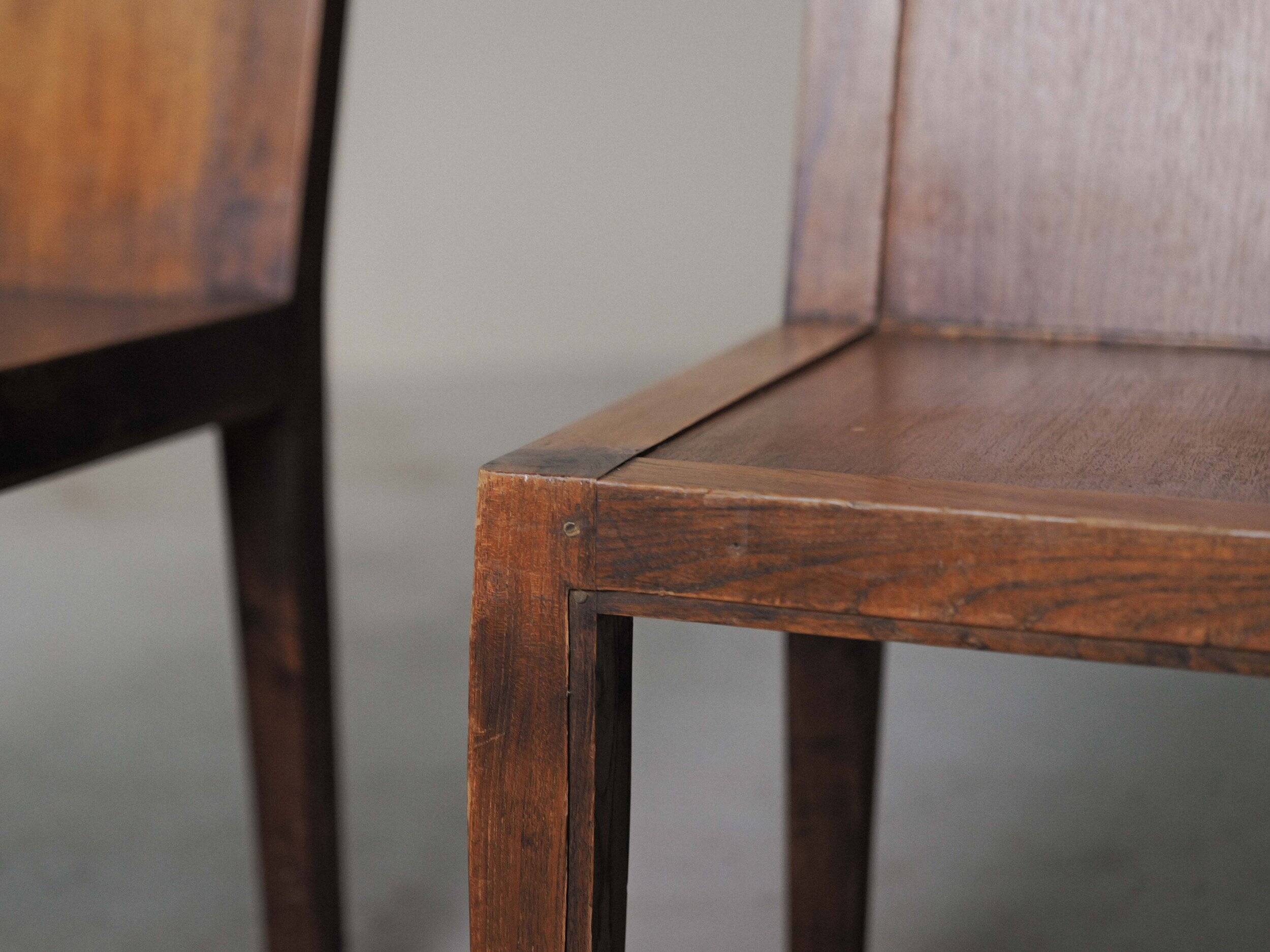 Set of 6 handcrafted oak chairs, France, circa 1970.