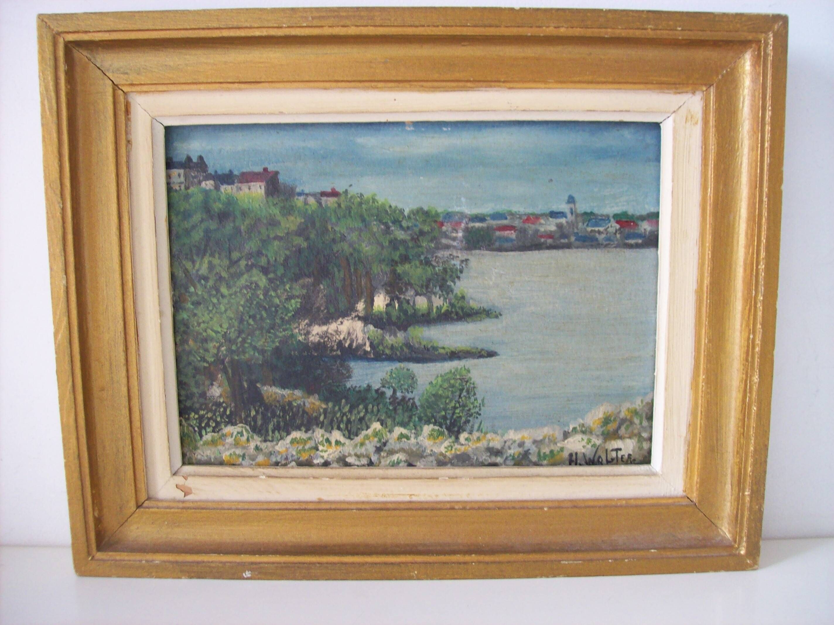 Old oil on cardboard of a marine and coastal landscape signed H. Walter.