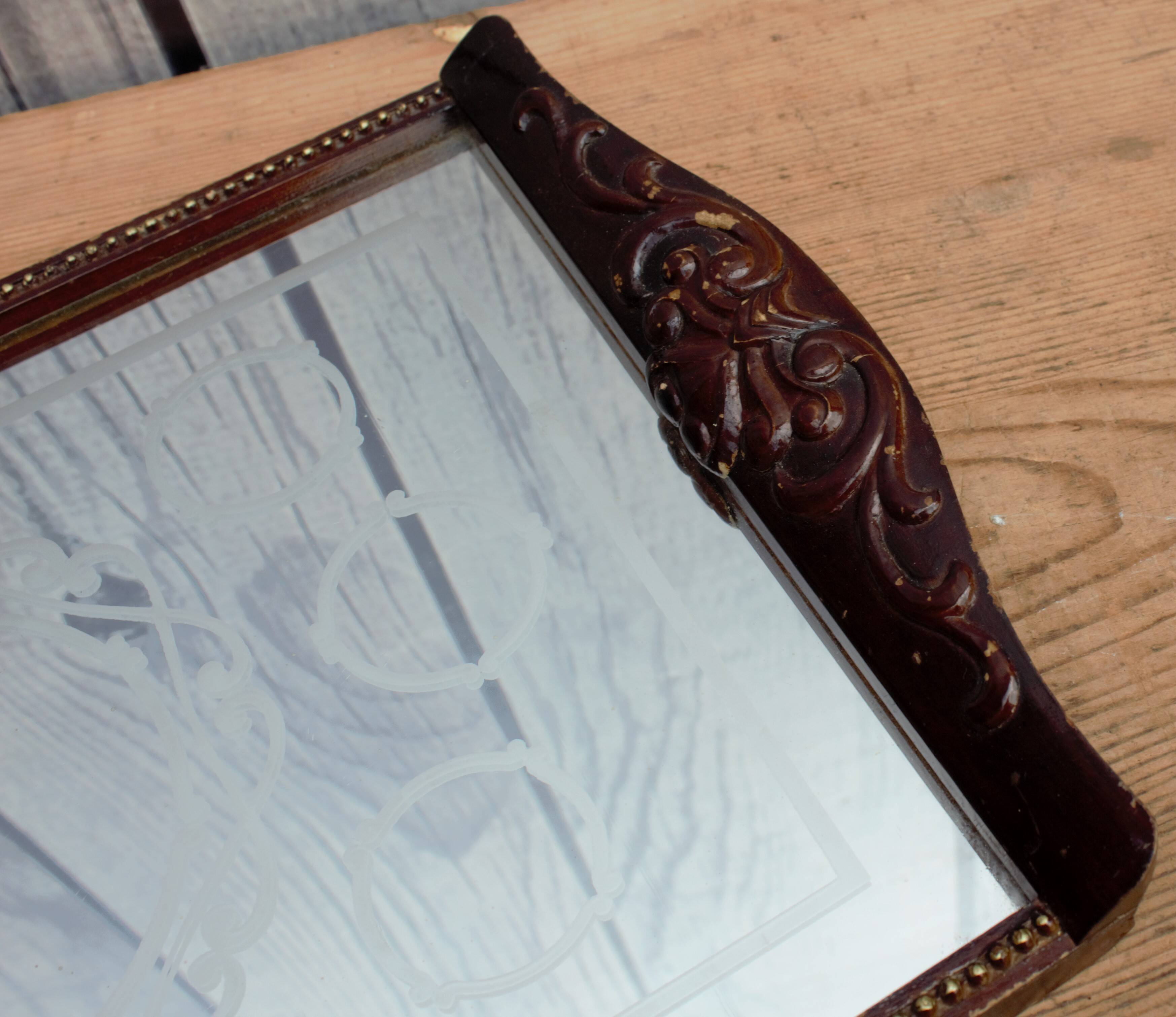 Old wooden tray with sandblasted mirror