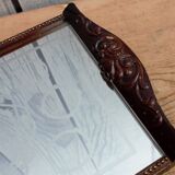 Old wooden tray with sandblasted mirror