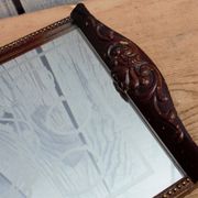 Old wooden tray with sandblasted mirror