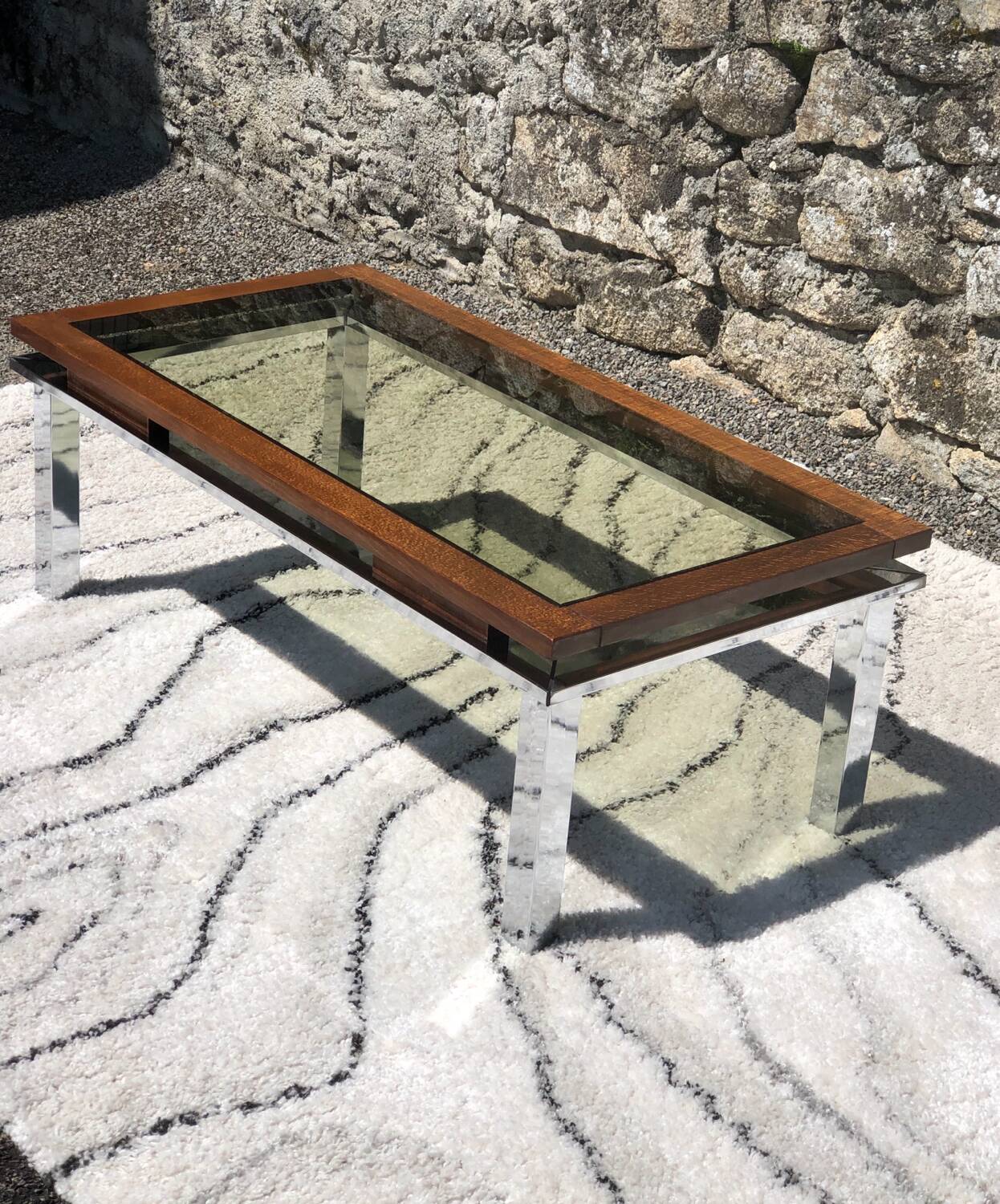 Vintage rectangular coffee table 1970 chrome, wood & smoked glass