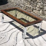 Vintage rectangular coffee table 1970 chrome, wood & smoked glass