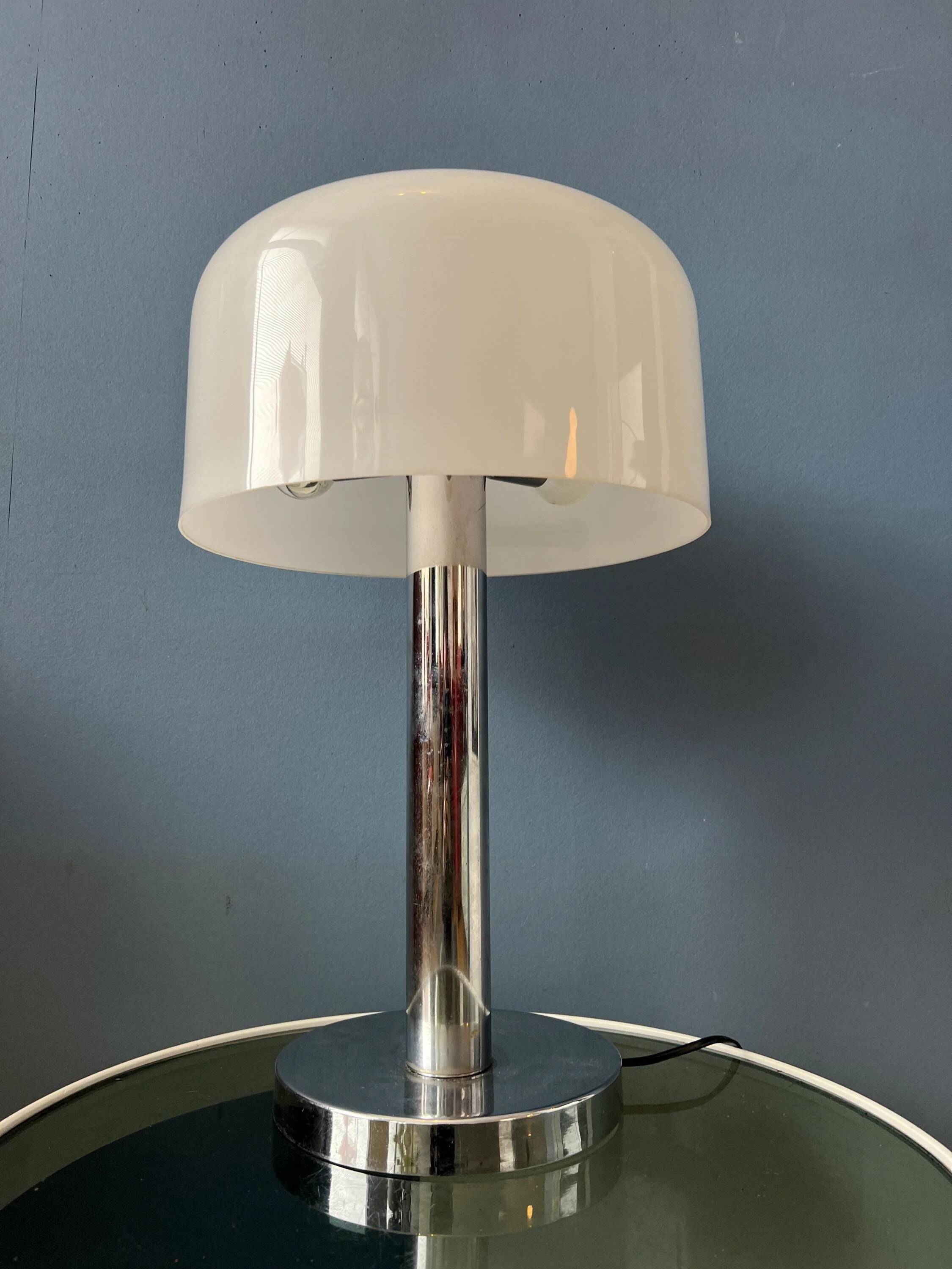 Space Age table lamp in chrome with white plexiglass mushroom shade.