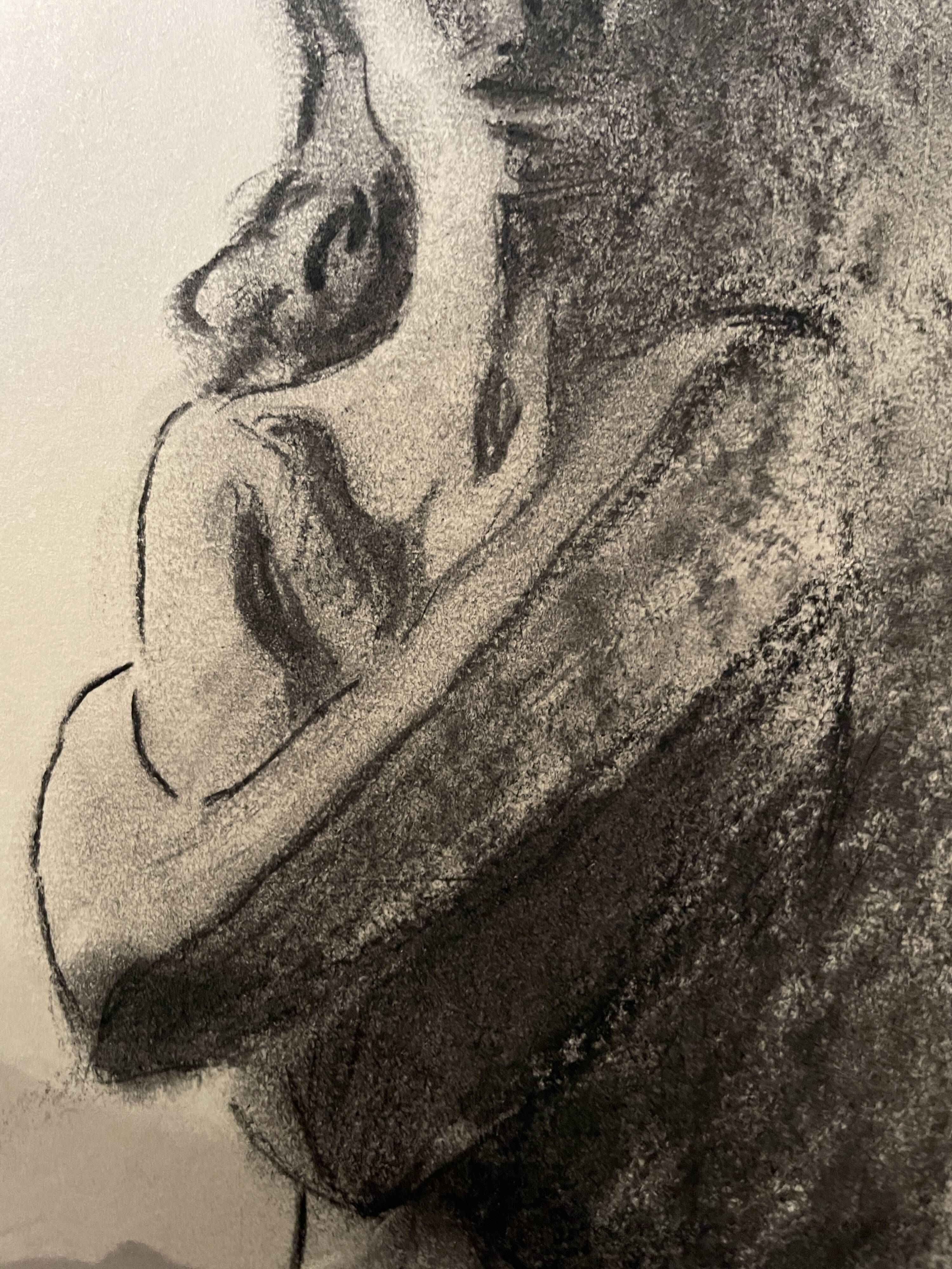 Signed charcoal drawing of a female portrait "in the shadow"