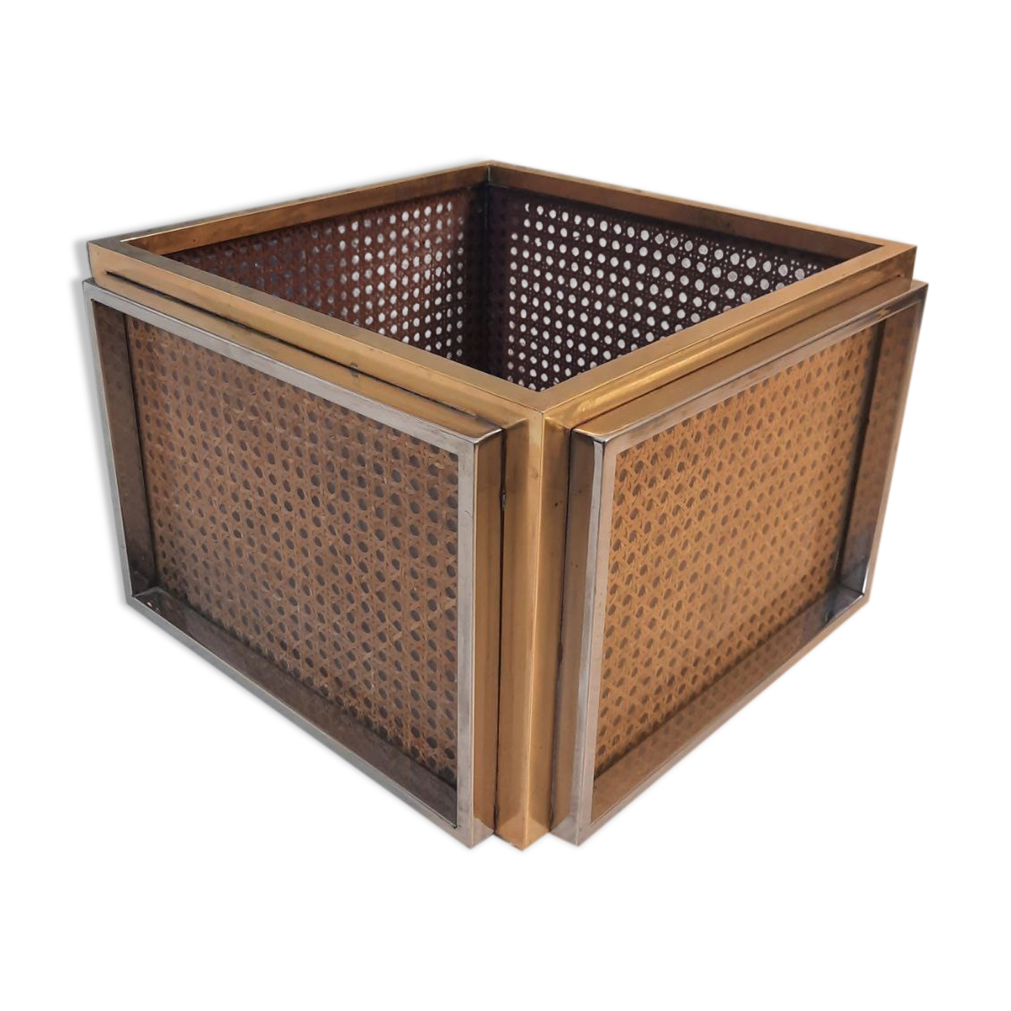 Planter, vintage storage with lightweight wheels, straw, brass and steel, hollywood regency