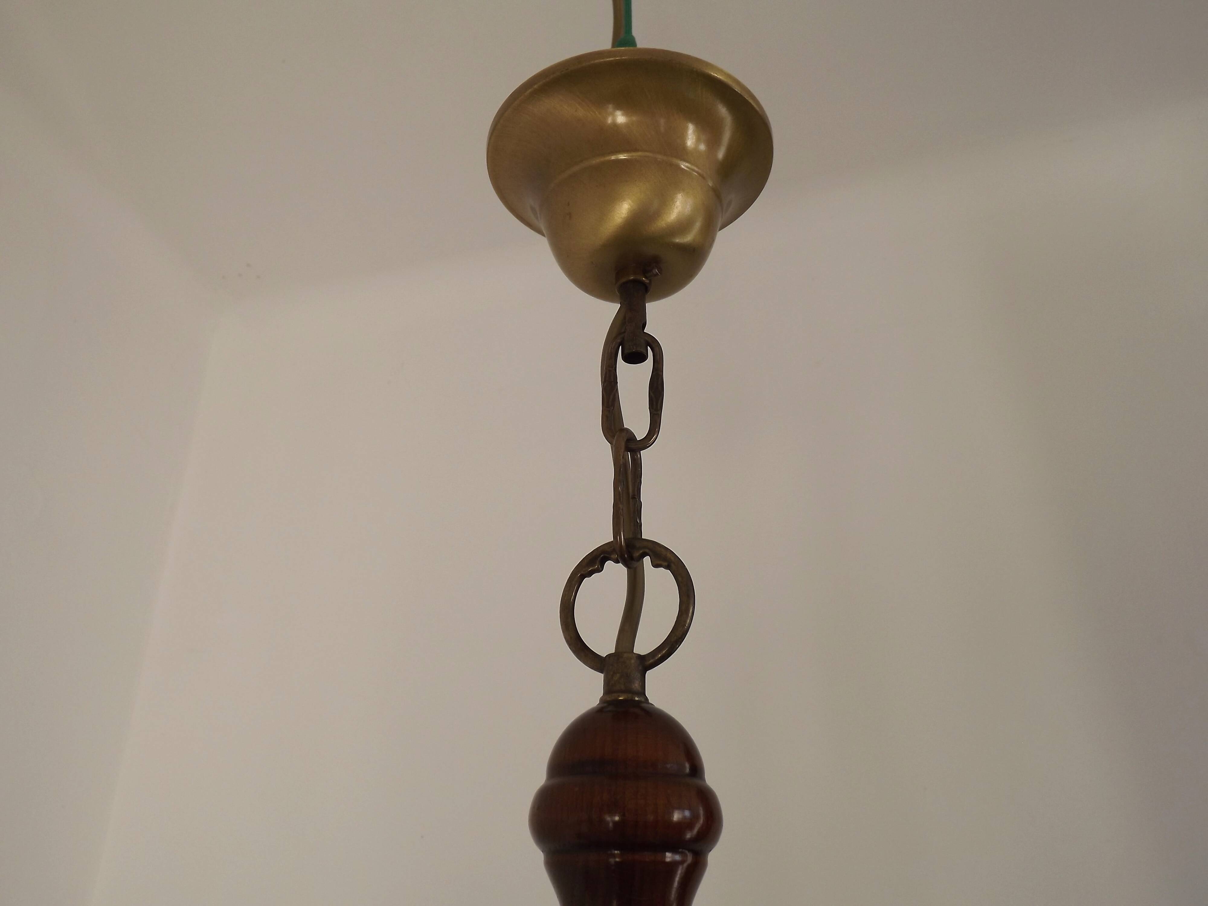 French Mid-Century 3-Light Wood and Bronzed Metal Chandelier with Glass Shades