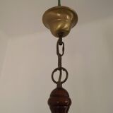French Mid-Century 3-Light Wood and Bronzed Metal Chandelier with Glass Shades
