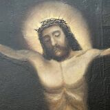 Beautiful religious work from the 17th century, oil on panel representing Christ on his cross with Mary Magdalene at his feet