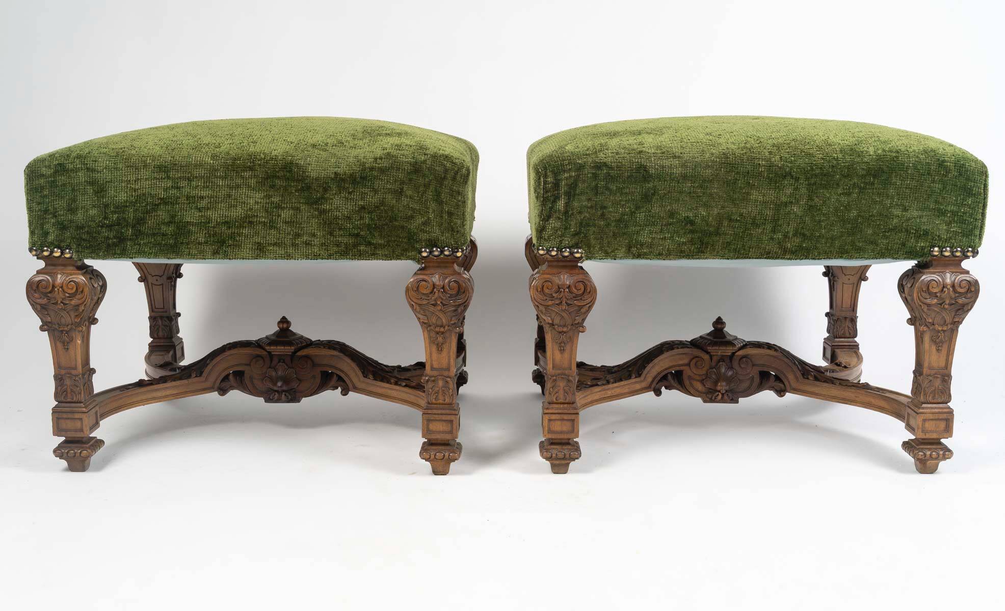 Important Pair of Sculpted Walnut Stools, Louis XIV Style
