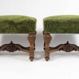 Important Pair of Sculpted Walnut Stools, Louis XIV Style