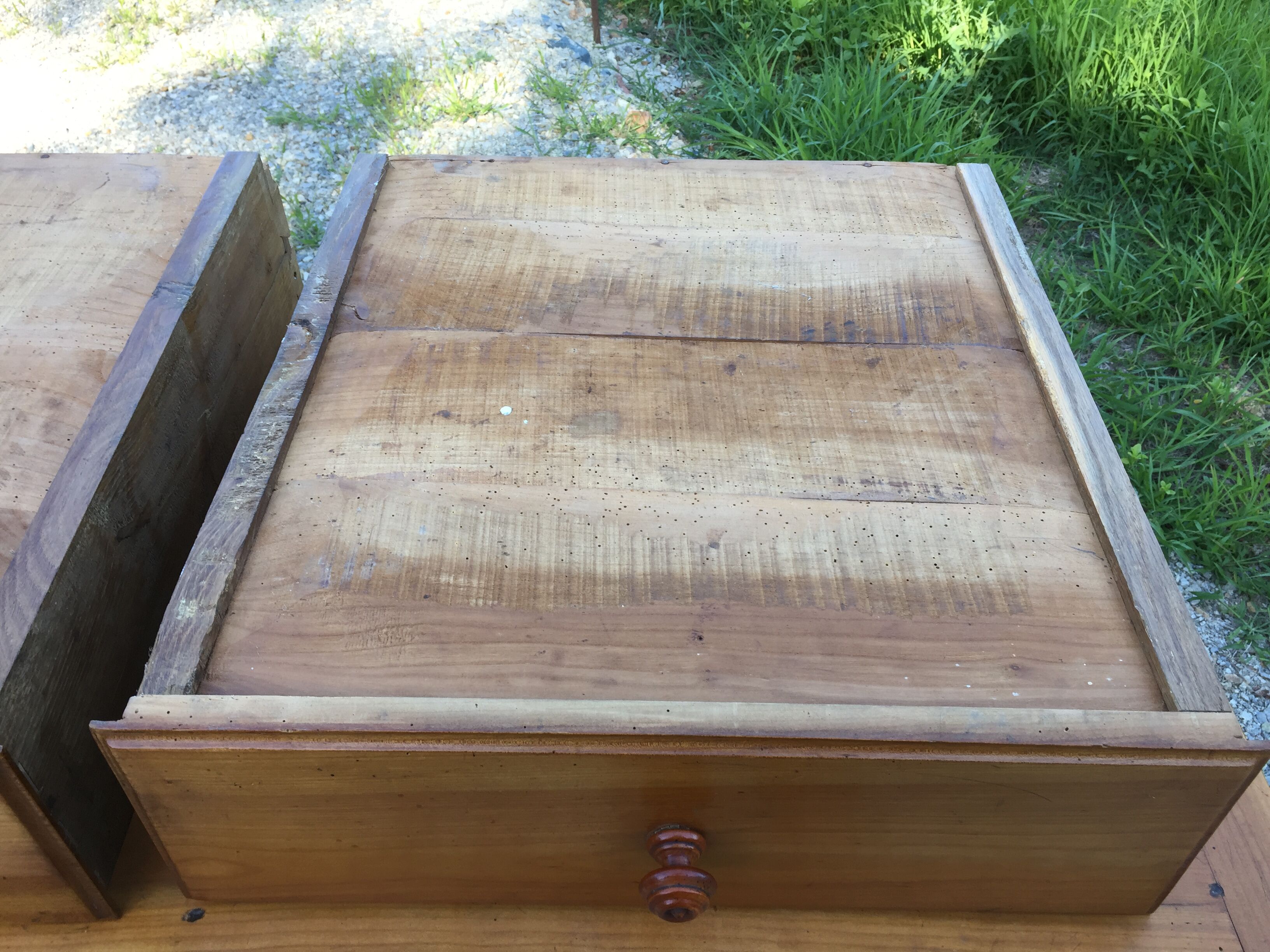 Old farmhouse table louis Philippe style in solid cherry with turned feet.