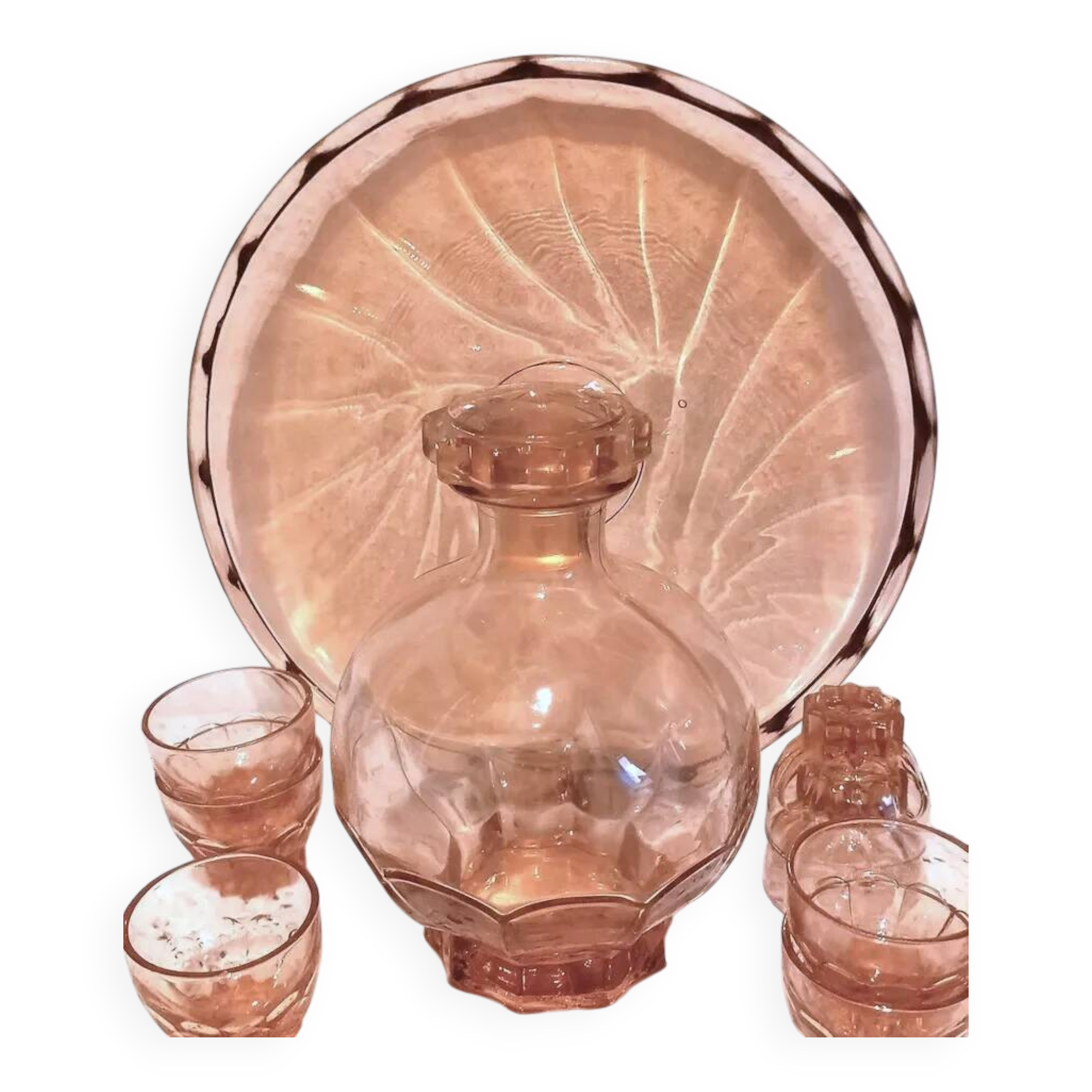 Ensemble Art Deco Carafe Verres Plateau en verre rose