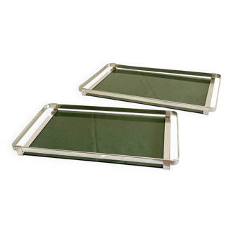 Duo de plateaux italiens en métal argenté et verre fumé
