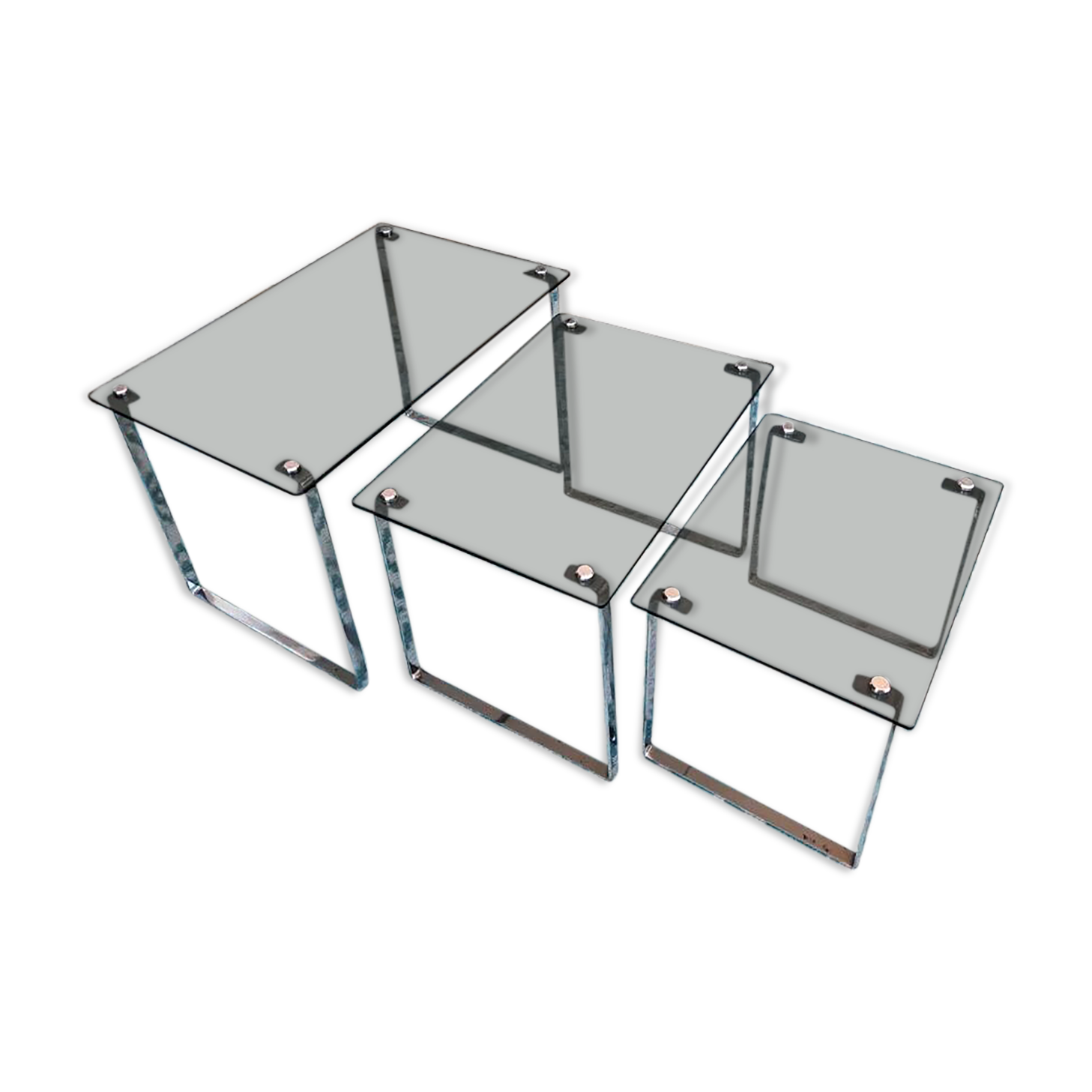 3 nesting coffee tables, smoked glass, chrome base