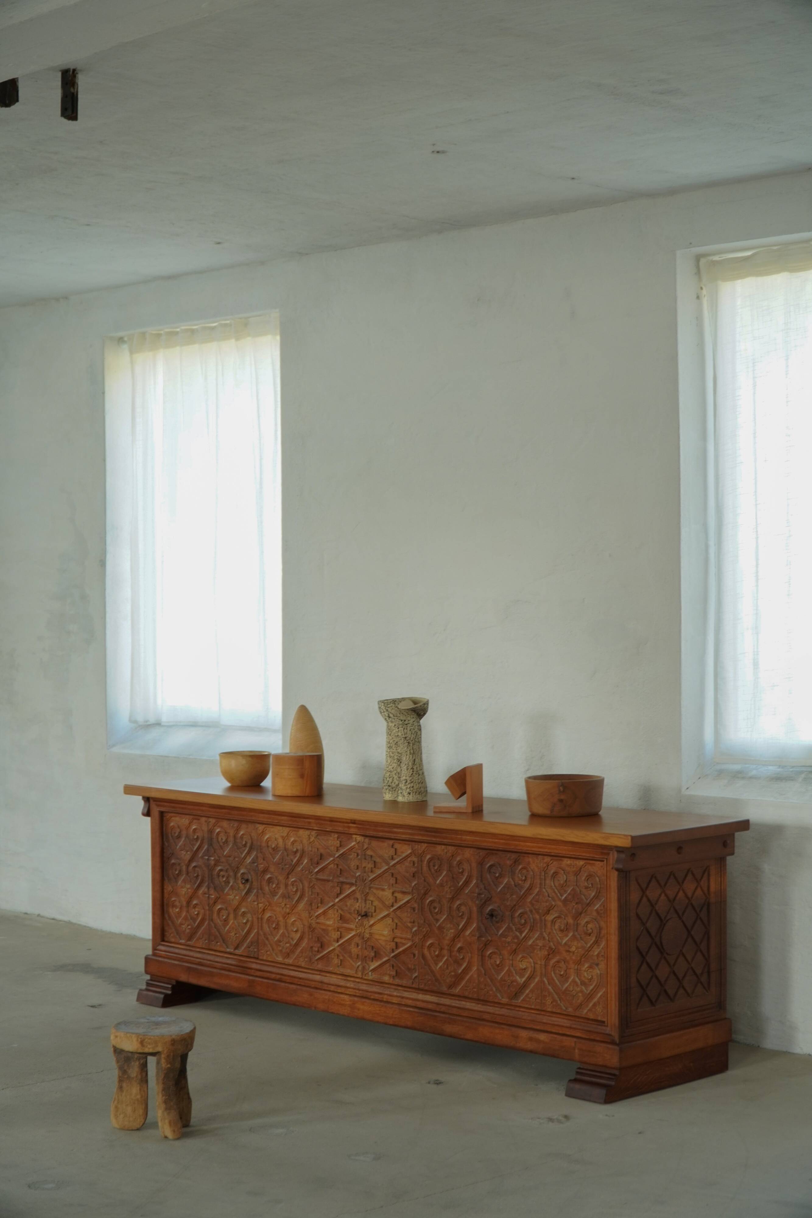 Modern Danish buffet in carved oak, signed Max A. Rasmussen, Denmark, 1940s.
