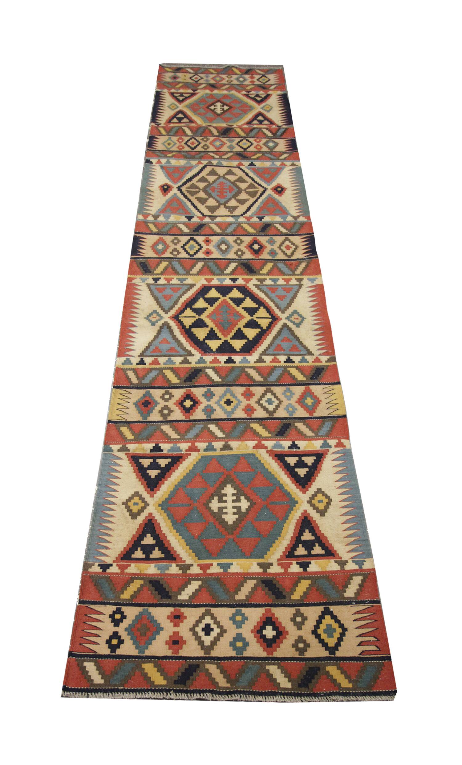 Tapis de couloir Kilim en laine fait main, beige à motifs géométriques tribaux en zigzag