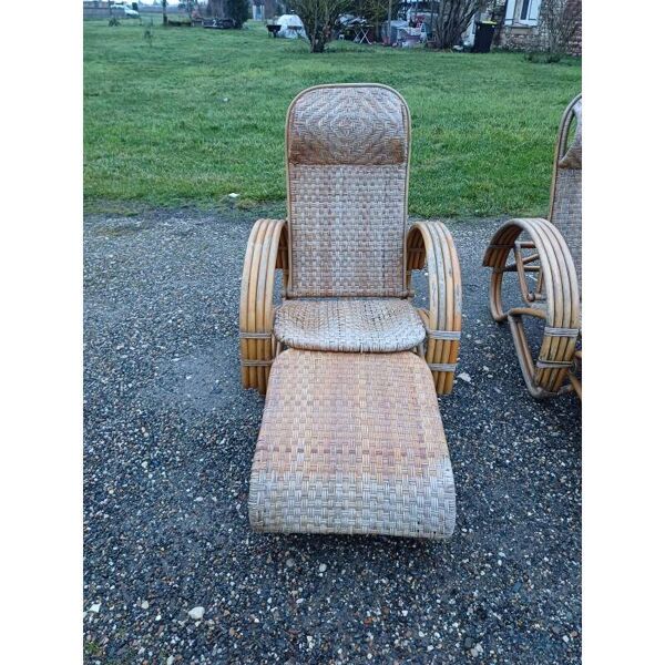 Paire de fauteuils transat en rotin colonial