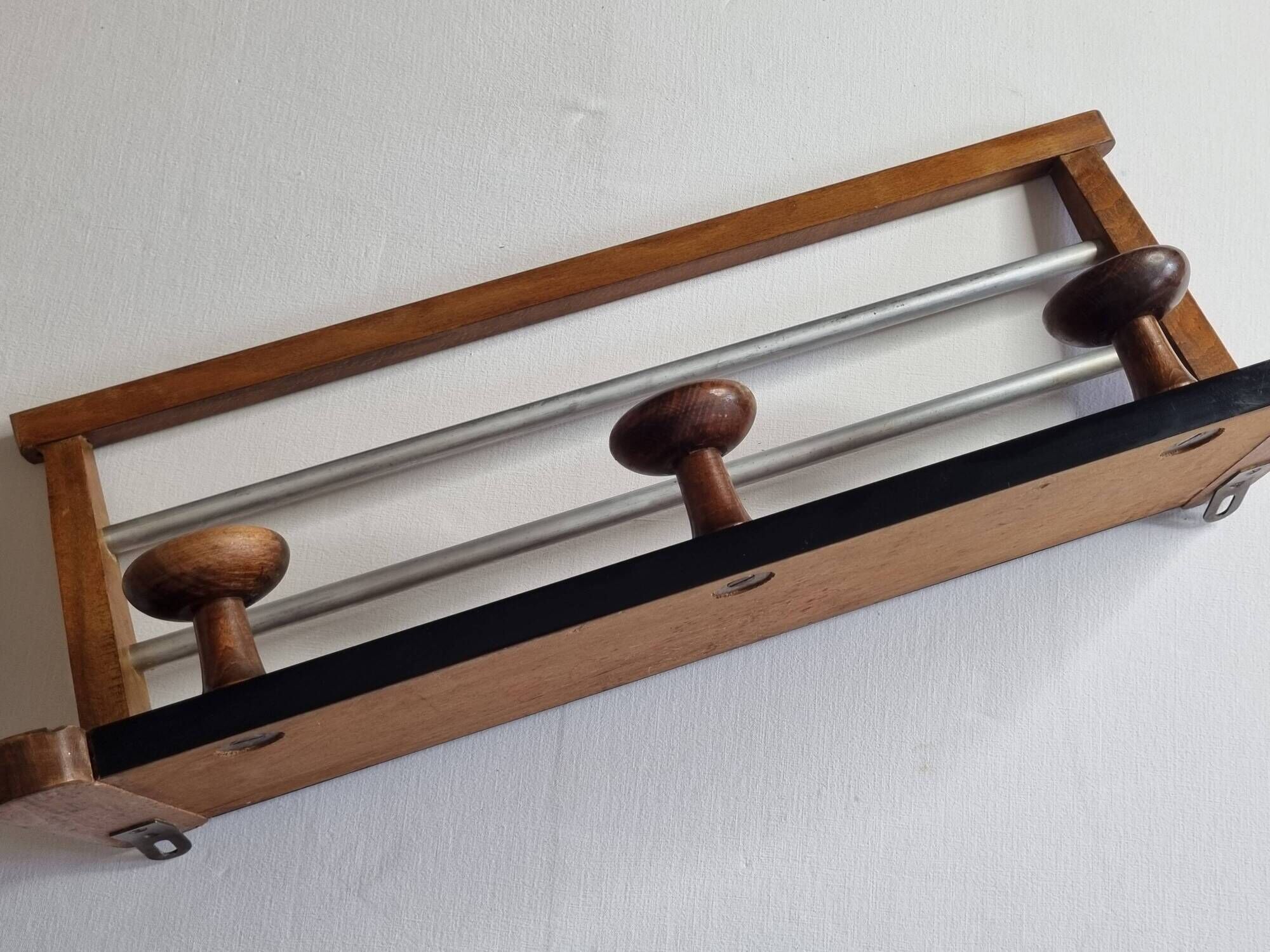 Vintage wall mounted coat rack in wood and metal, 3 hooks, retro style