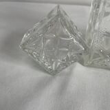 Molded glass carafe, 1960s-1970s, stylized flower decoration, oval, square base, stopper, rosette