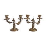 2 vintage gilded brass two-arm candlesticks