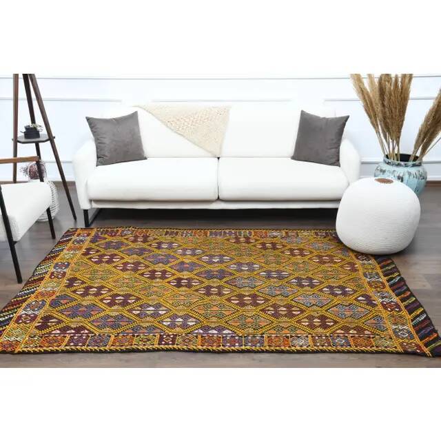 Vintage Turkish Oushak Handmade Wool & Cotton Yellow Area Rug 155x223