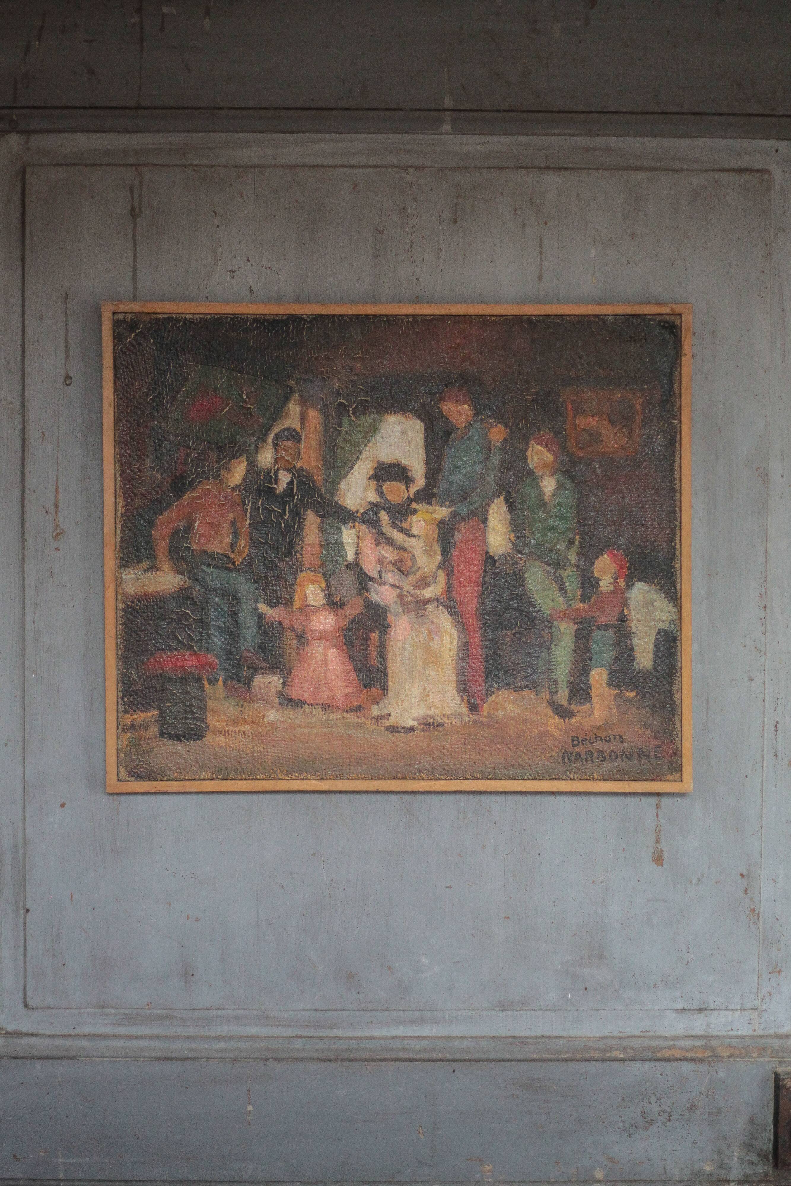Painting signed Béchon-Sauzeau, oil on canvas, scene of characters.