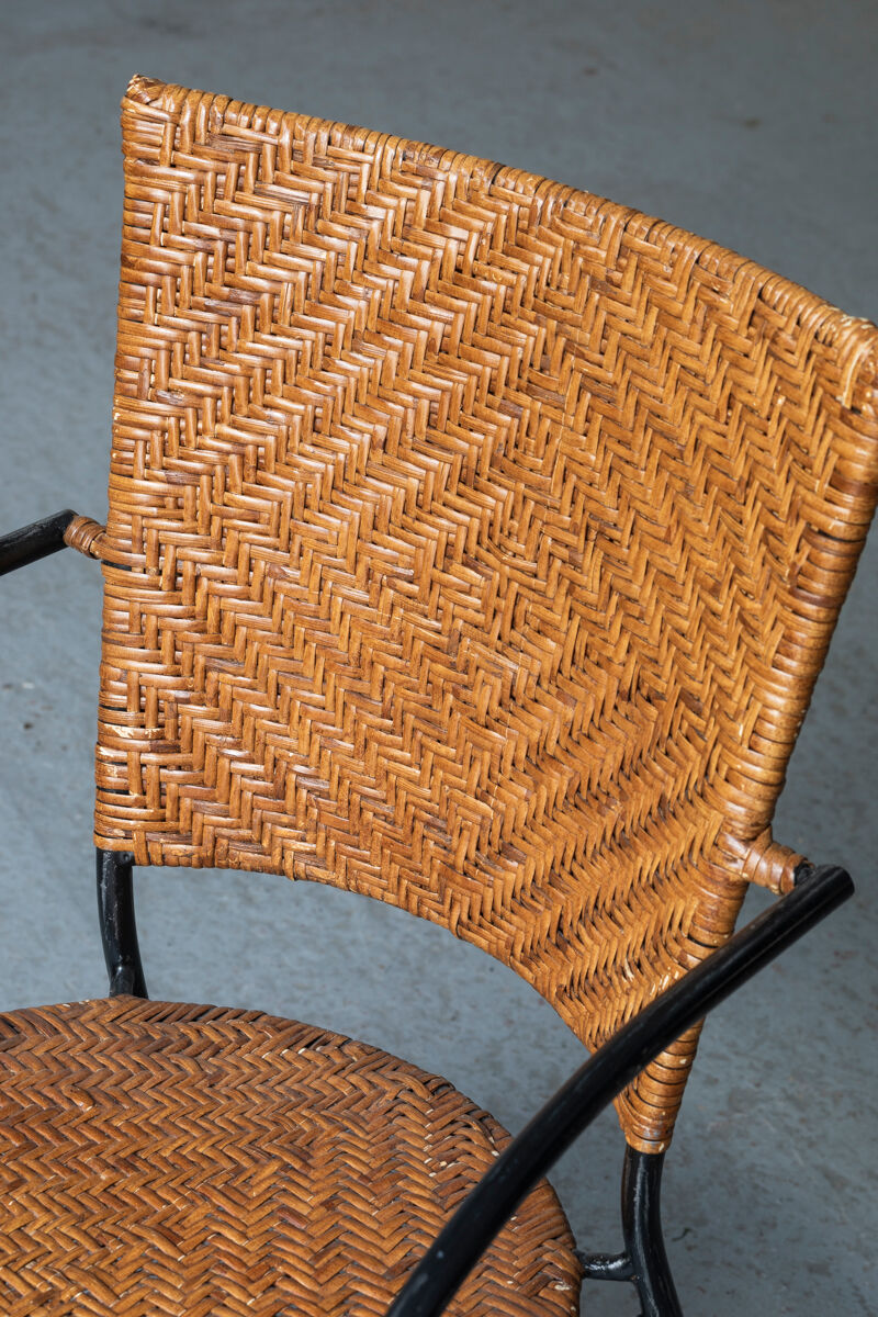 Set of 4 stackable dining chairs in steel and rattan, 1970s