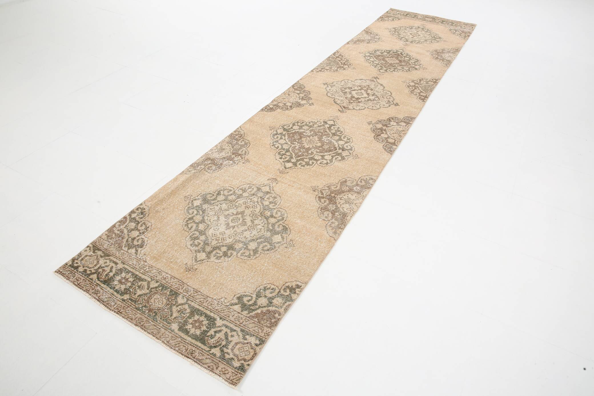 3x13 Beige & Brown Geometric Vintage Runner Rug, Long Runner Rug,