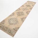 3x13 Beige & Brown Geometric Vintage Runner Rug, Long Runner Rug,