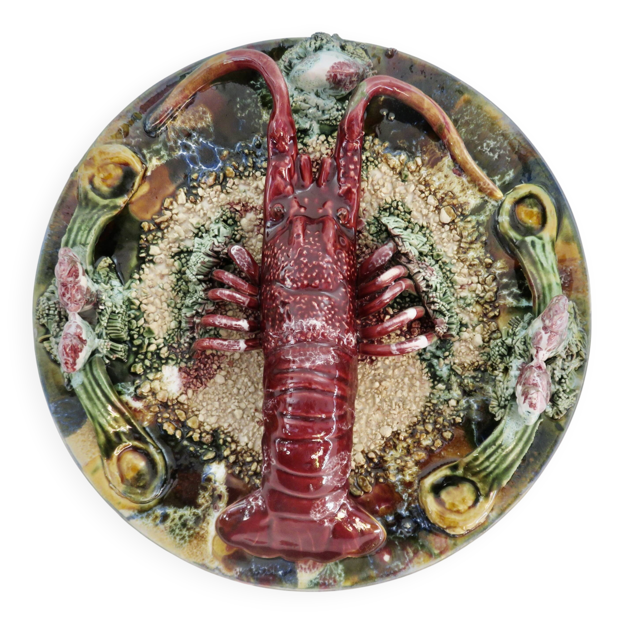 Wall plate in slipware, Caldas da Rainha, Palissy, 1930s, vintage