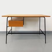 Pierre Paulin vintage modernist desk in oak wood and black metal