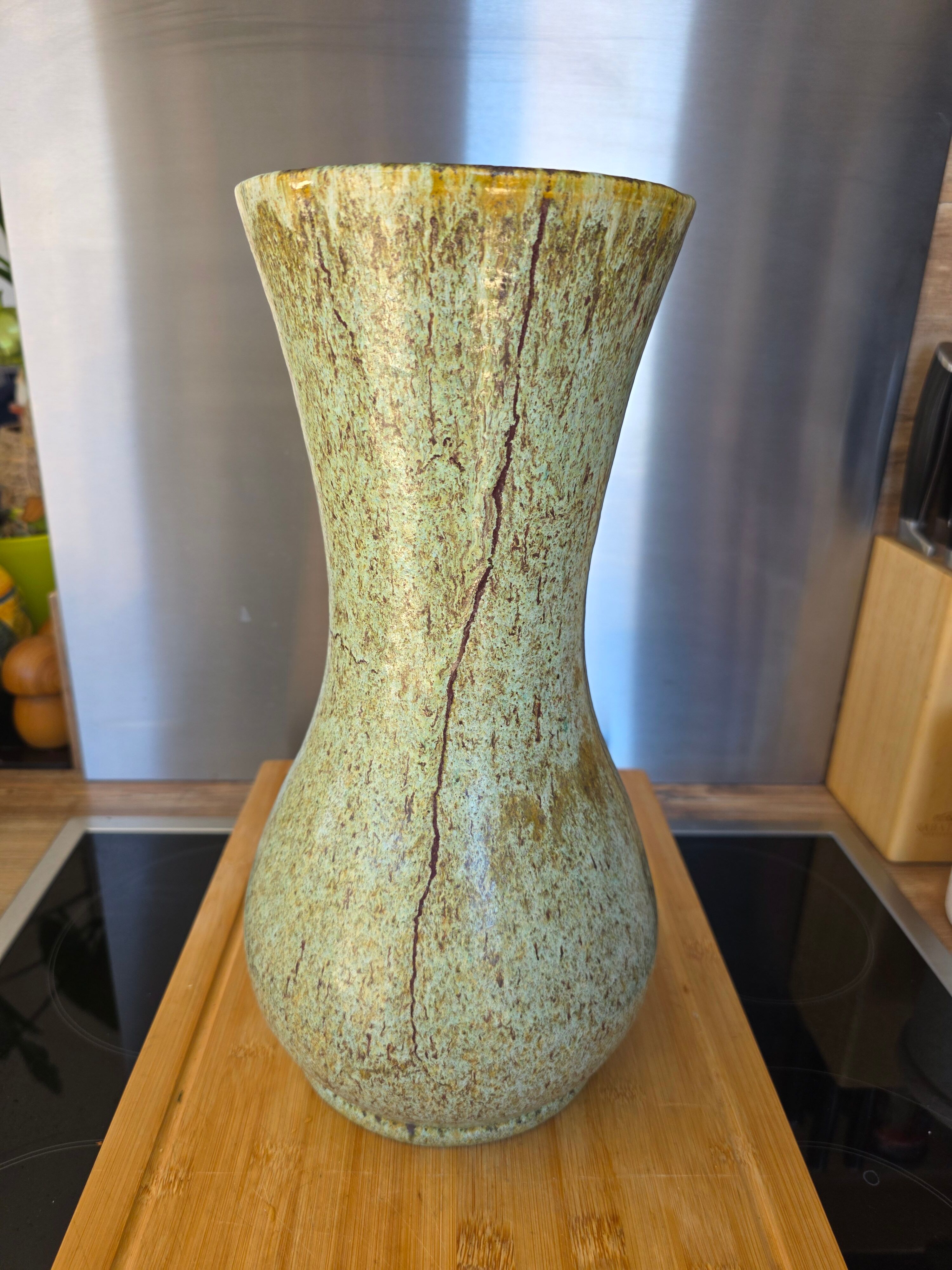 Large baluster vase from Accolay – Water green & ochre marbled enamel – 35 cm