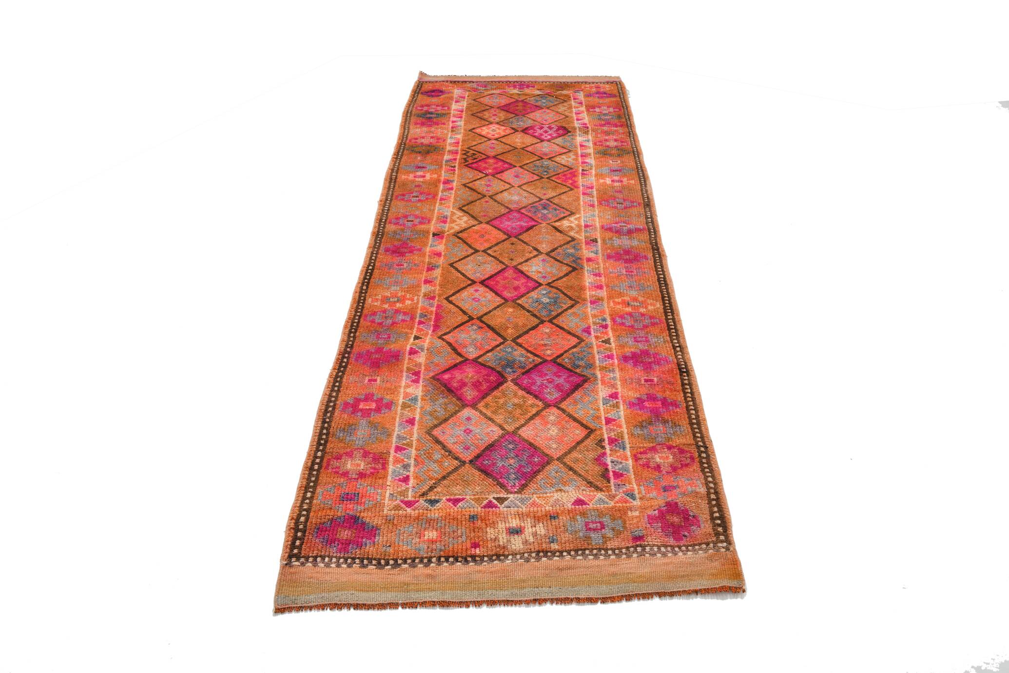 Long Tapis Couloir Vintage Orange et Fuchsia à Motifs Géométriques,91x278Cm
