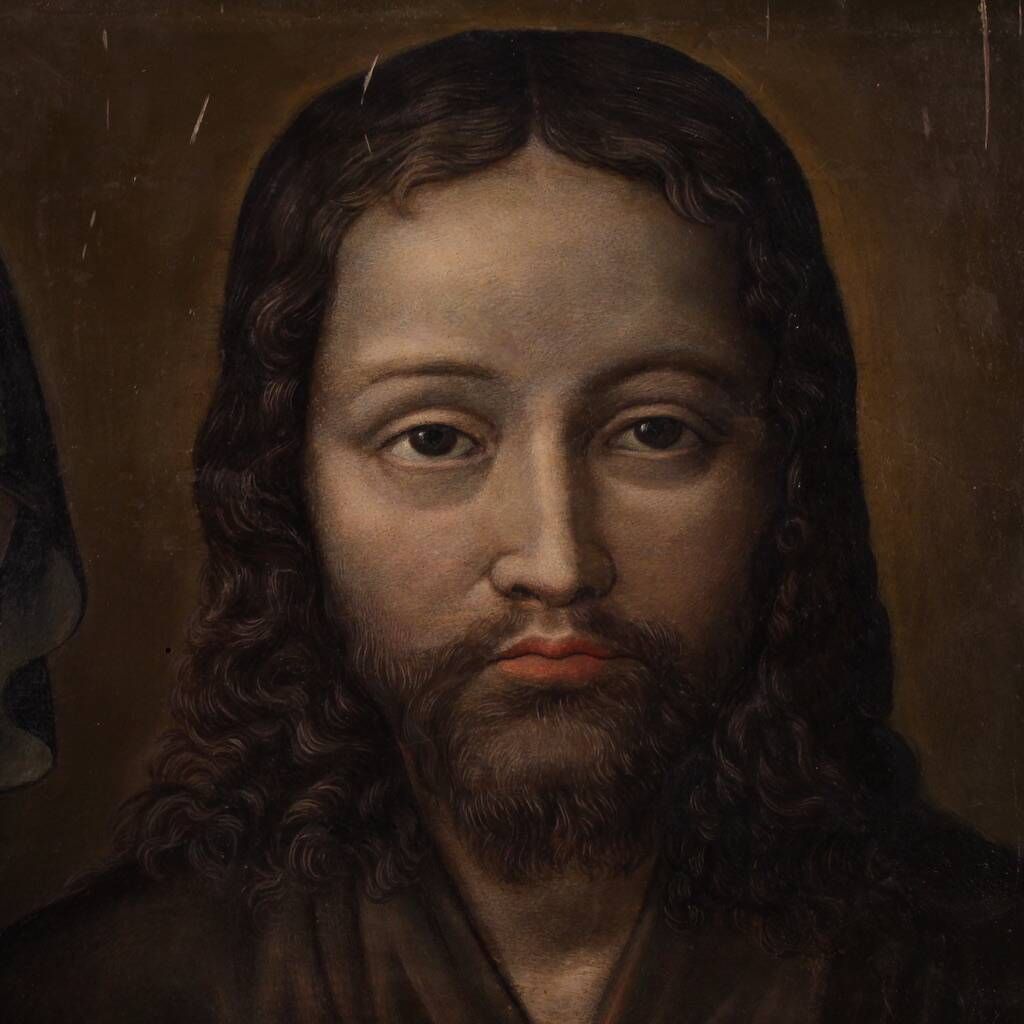 Antique French painting on panel, Christ and the Madonna from 18th century