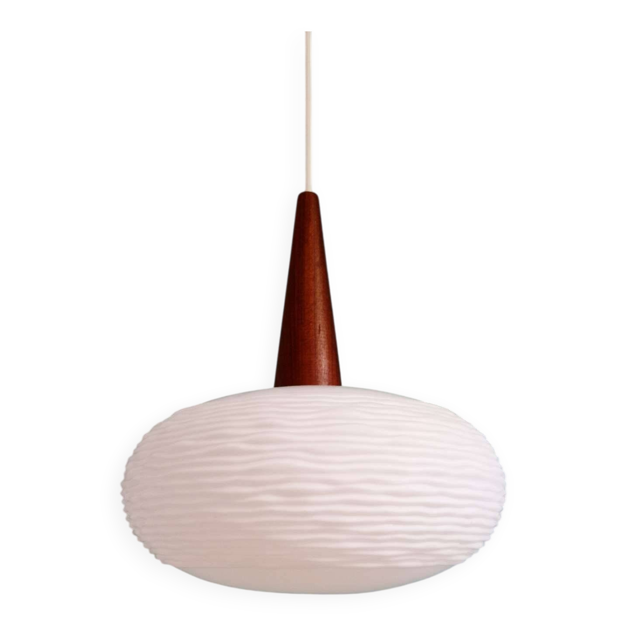 White opaline and teak pendant light, Scandinavian style, 1960s