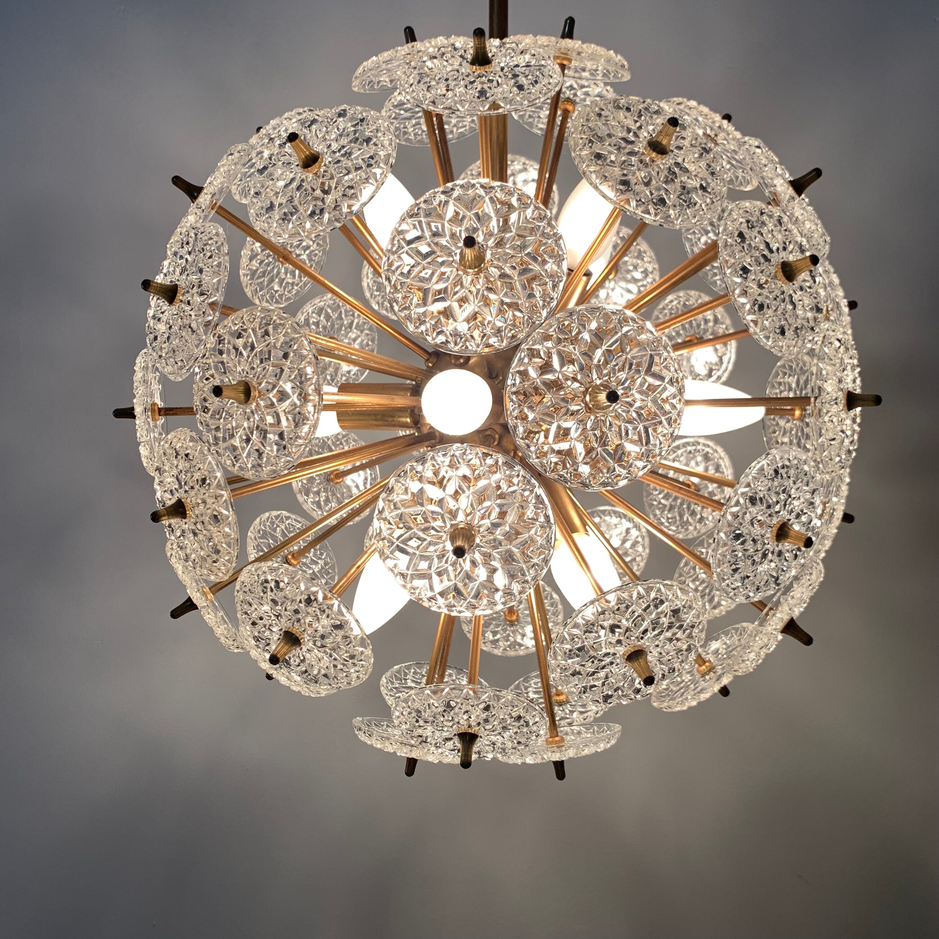 Val Saint Lambert crystal sputnik gold chandelier , 1960’s
