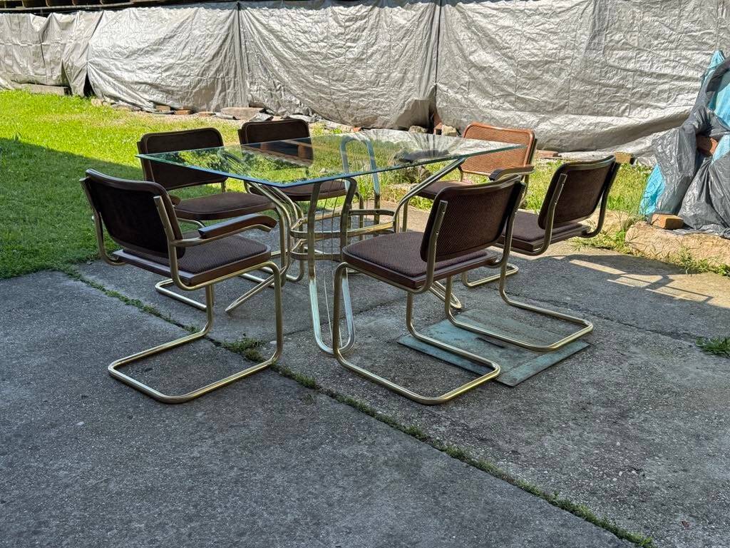 Italian brass dining set with table and chairs, 1970s, set of 7