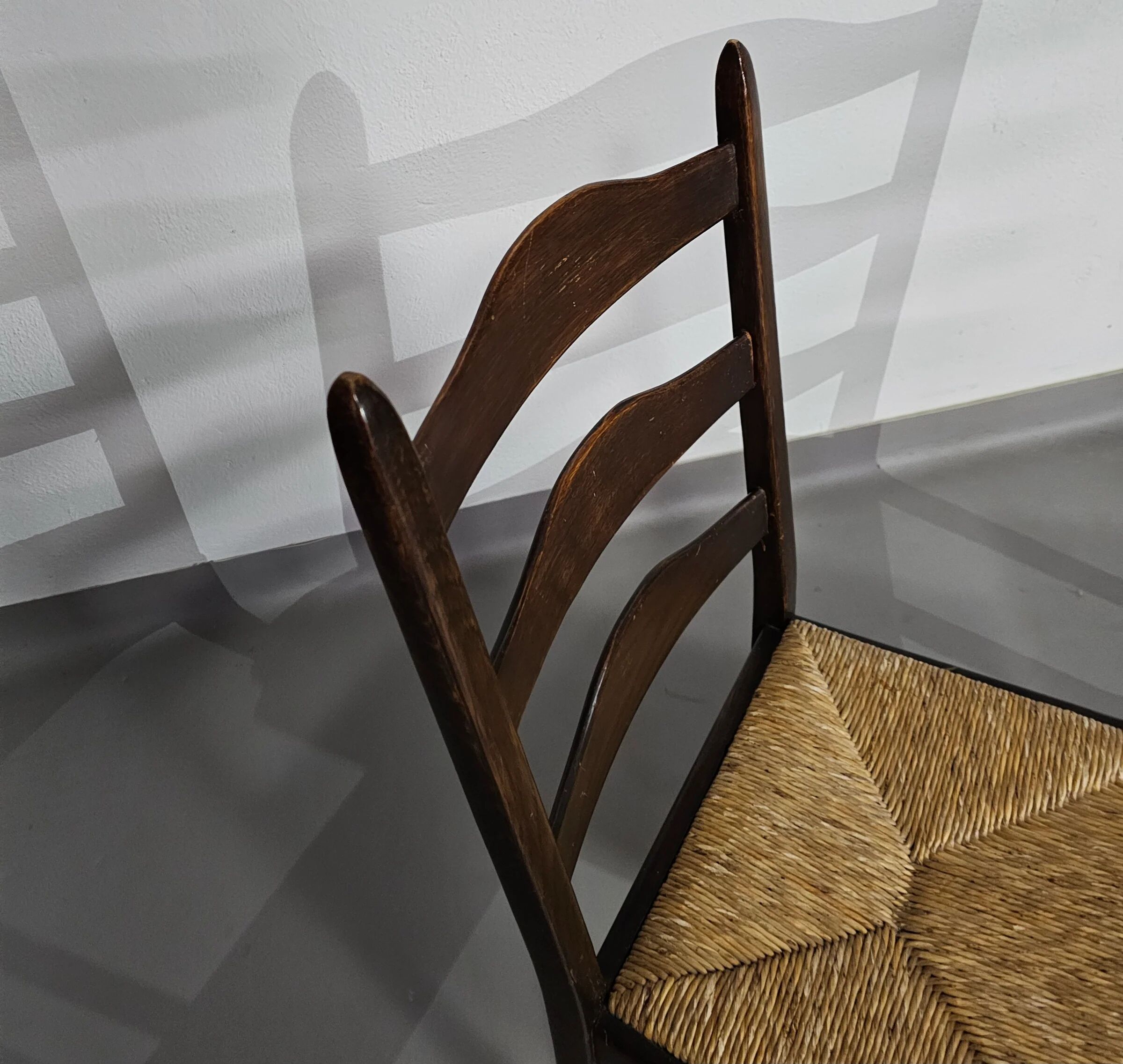 Set of 2 oak, rustic, farmhouse, ladderback dining chairs with rush seats