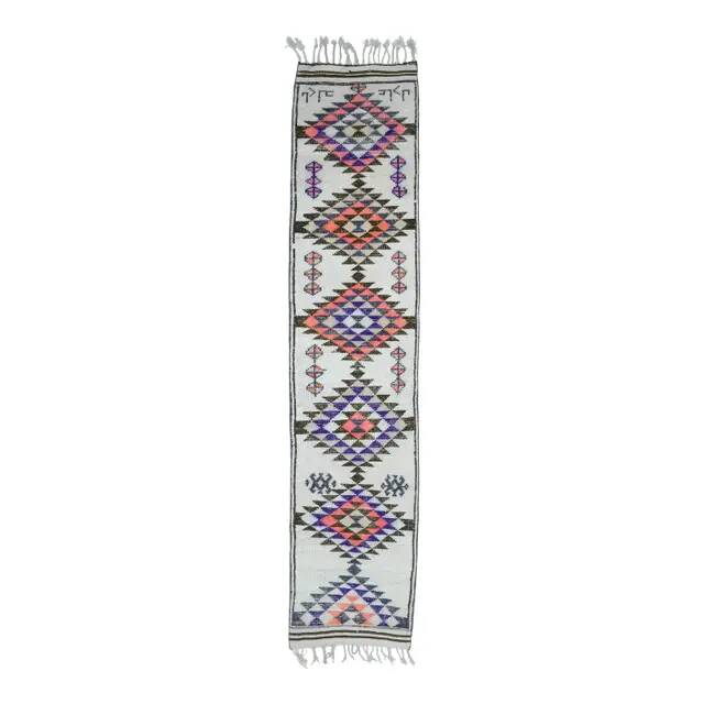 1970s Natural White Geometric Turkish Hand-Knotted Runner 80x365