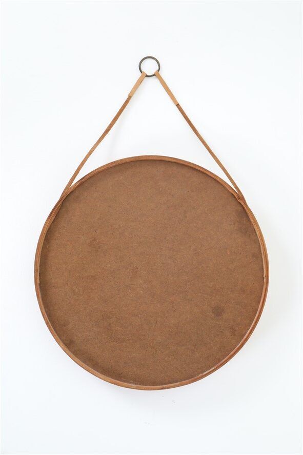 Rare round "#103" wall mirror / teak, leather, brass / by Glas Mäster, Markaryd, Sweden / 1960s / 1970s / Mid-Century Modern Design