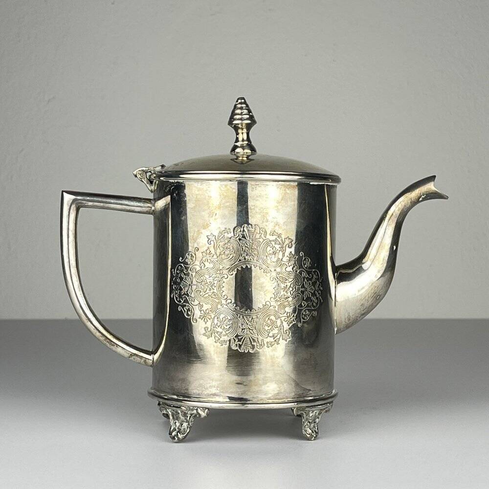 Vintage teapot and tray in solid silver by Royal Sheffield, England, 1950s, Set of 2.